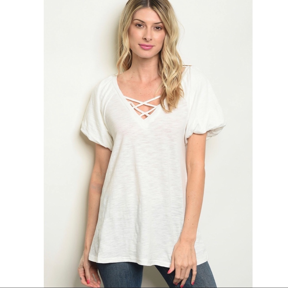 Off White Crisscross V-Neck Bell Sleeve Top